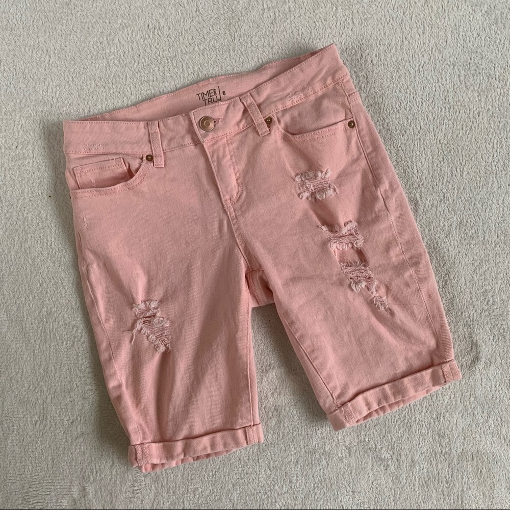 Time & Tru Pink Distressed Bermuda Shorts